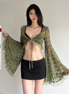 IAEY中古vintage森系绿色系带蕾丝雪纺开衫宽松喇叭袖露脐罩衫潮
