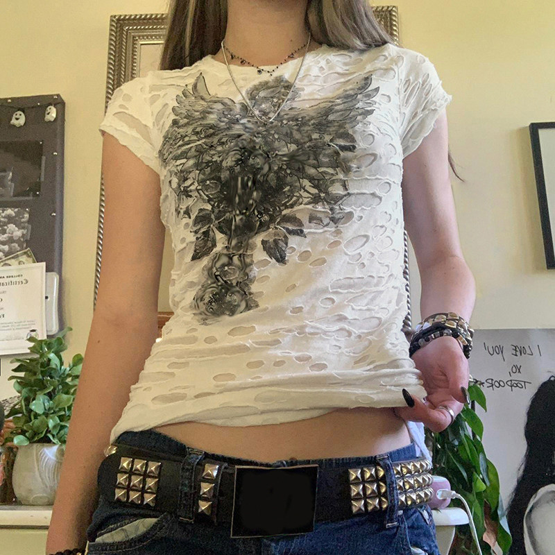 IAEY亚比少女暗黑图腾印花破烂感短袖T恤小众vintage复古辣妹上衣