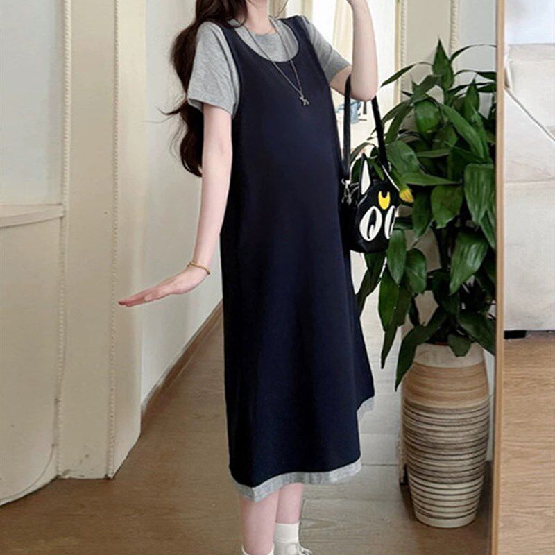 新品孕妇装夏装2025新款连衣裙短袖T恤J裙子女假两件宽松休闲显瘦