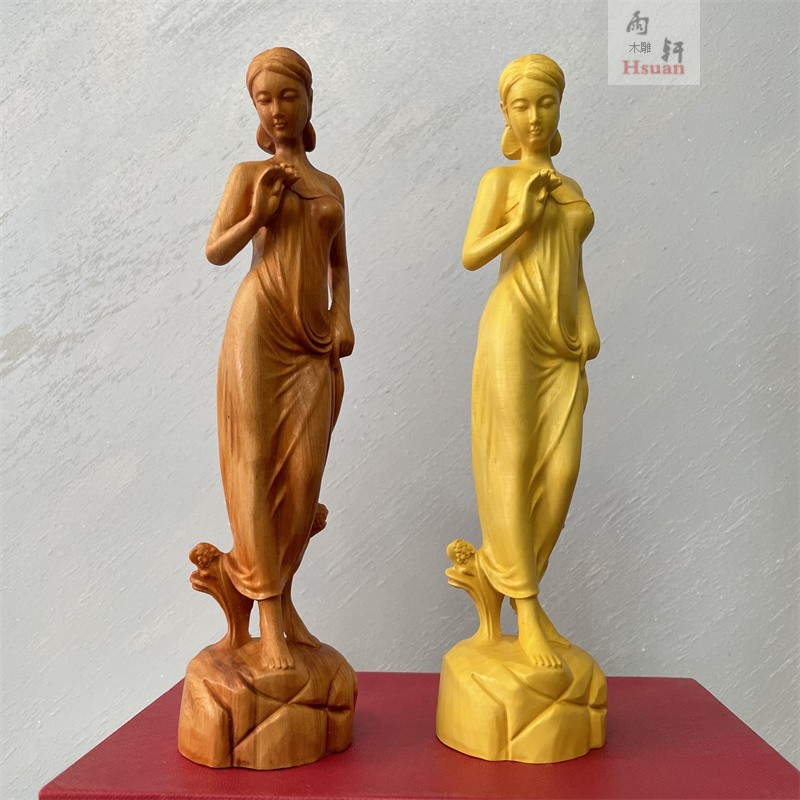 极速崖柏黄杨木雕拿玫瑰花美女摆件实木雕K刻居家客厅装饰礼品花