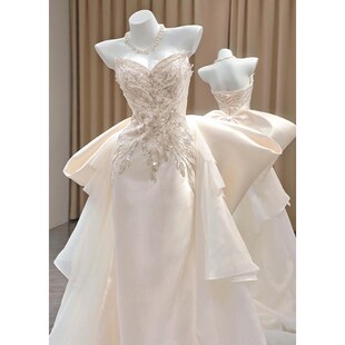 极速鱼尾抹胸轻婚纱新娘订婚宴y会高端重工敬酒礼服复古晨袍缎面