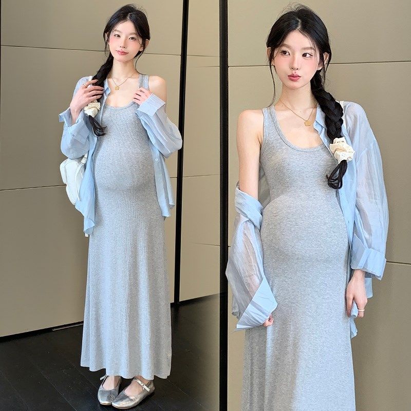 新品孕妇装夏天裙子o两件套时尚过膝显瘦背心裙宽松休闲夏季新款