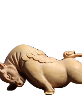 新品天然小叶黄h杨实木雕刻生肖斗牛小摆件文玩手把件家居装饰品