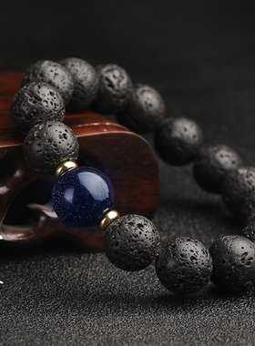 极速天然b火山石手串潮男女逆鳞转运无相陨石坑黑曜石纯银文玩佛