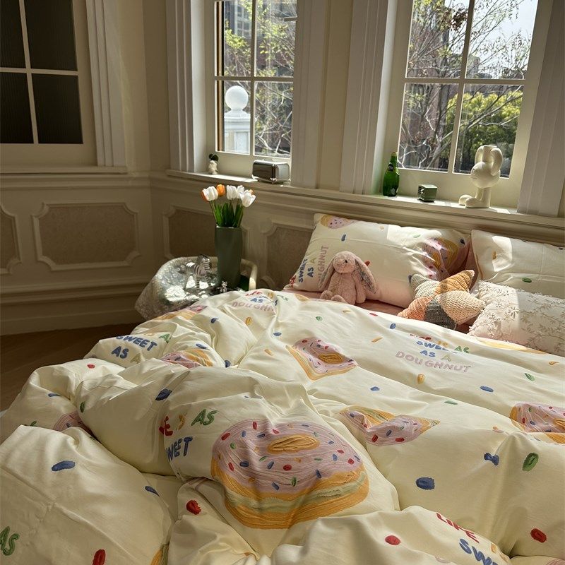 极速insc可爱甜甜圈奶黄少女床上四件套全棉1.5m1.8被套床单三件