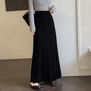 新品 A休闲黑色高腰长裙天鹅绒垂感a字半 秋冬丝绒包臀裙女2025新款