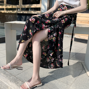新款 半身裙女系n带雪纺碎花裙夏装 2025绑带高腰中长裙 一片式 新品