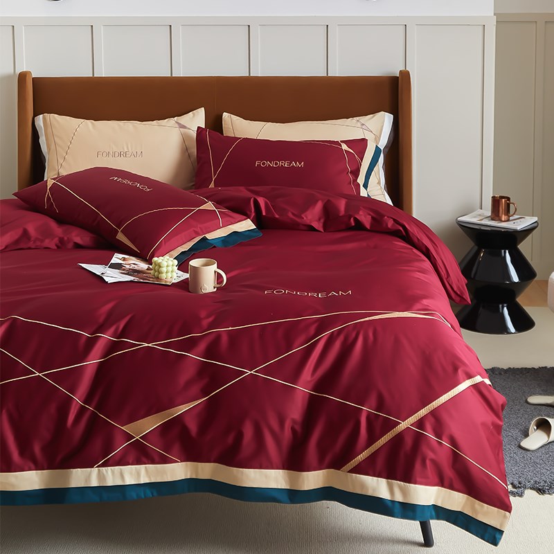 极速轻奢北欧风g酒红色结婚庆四件套全棉100S长绒棉刺绣新婚房被