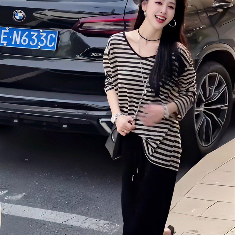 新品夏季轻薄罩衫l小众不撞款条纹t恤女款宽松慵懒风百搭漂亮轻薄