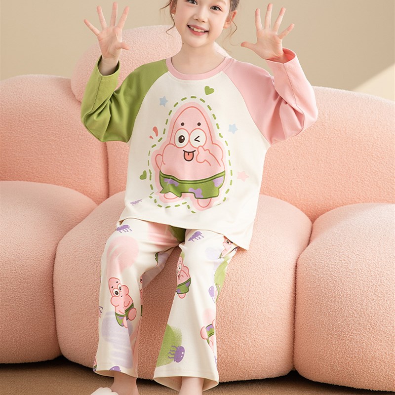 极速女童睡衣春秋装新款长u袖纯棉薄款中大童卡通儿童可爱家居服