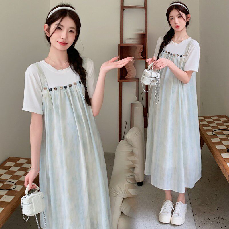 新品孕妇装夏装2025新款连衣裙夏季短袖T恤裙遮肚V小个子雪纺休闲