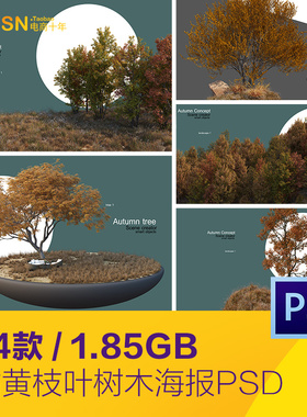 秋天枯黄树枝树木枝叶草地山岭岩石海报背景psd设计素材D22110701