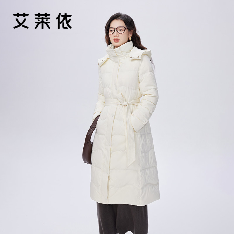 艾莱依长款鹅绒服收腰显瘦连帽时尚轻奢冬季羽绒服女修身新款外套