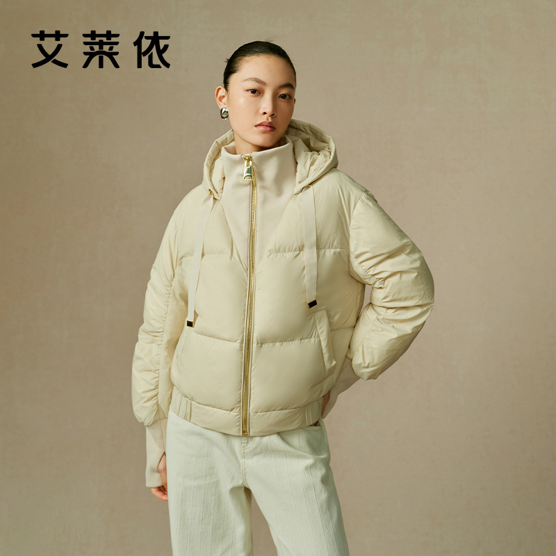 艾莱依国风羽绒服女修身冬季新款连帽复古短款鸭绒翻领保暖外套冬