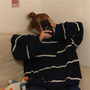 秋季复古条纹毛衣女秋冬外穿宽松套头韩版学生慵懒风冬装新款港味