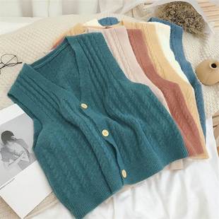 纯色V领单排扣针织开衫 马甲女早春秋冬新韩范复古风外搭背心马夹