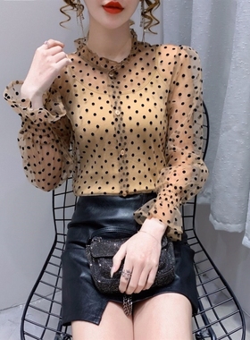奶茶波点网纱衬衫女2025新款性感修身显瘦内搭洋气上衣两件套春秋