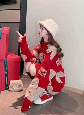 加绒秋冬季新款中长款红色毛衣女加厚套头宽松韩版小熊学生针织衫