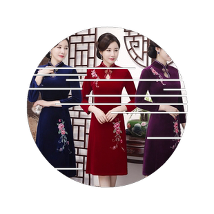 金丝绒改良旗袍妈妈装复古纯色绣花裙子中老年加绒连衣裙秋冬2026