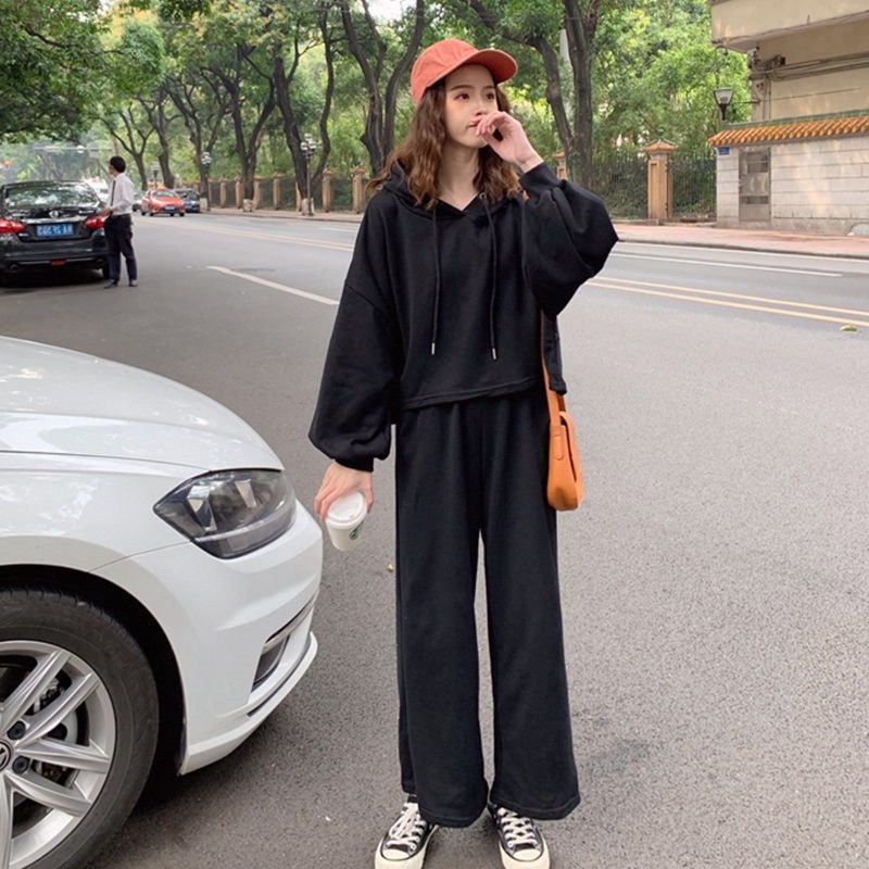 运动休闲套装女春秋韩版连帽长袖卫衣宽松阔腿长裤时尚两件套2025