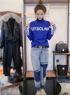 欧洲站2025冬装新款欧货高领毛衣女时尚宽松学生拼接针织打底衫潮