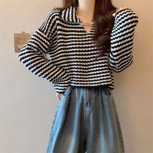 针织衫上衣春秋女短款宽松新款小个长袖设计感毛衣娃娃领韩版2026