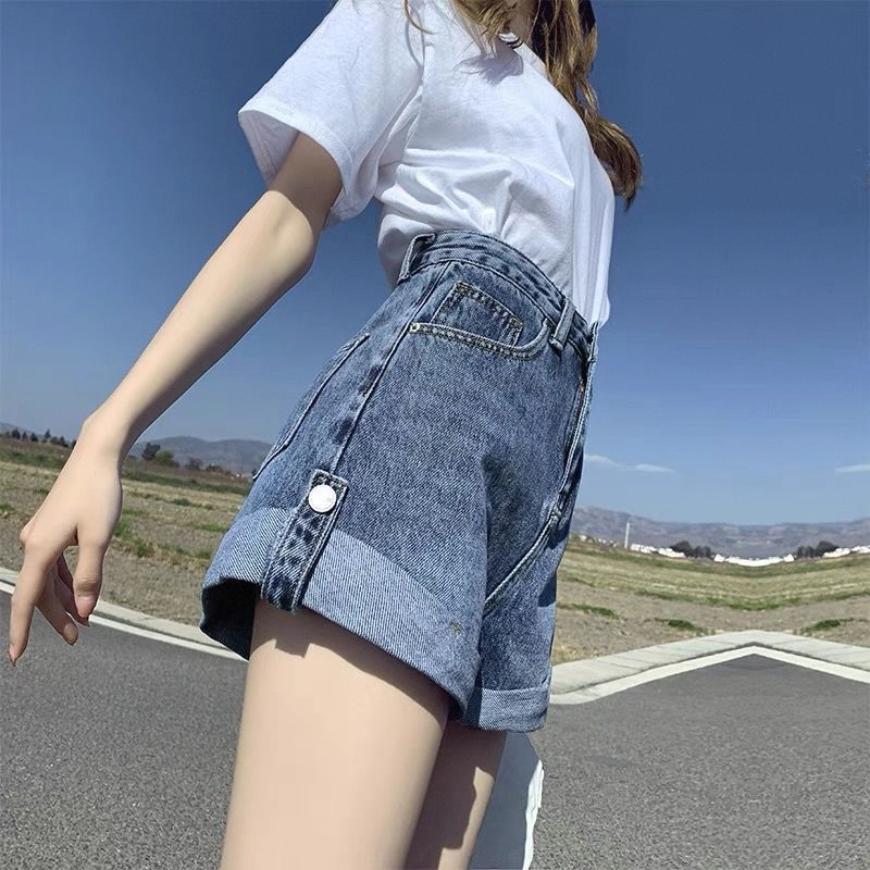 夏季卷边宽松2025热裤短裤新款A字薄款牛仔超高腰女高腰显瘦阔腿