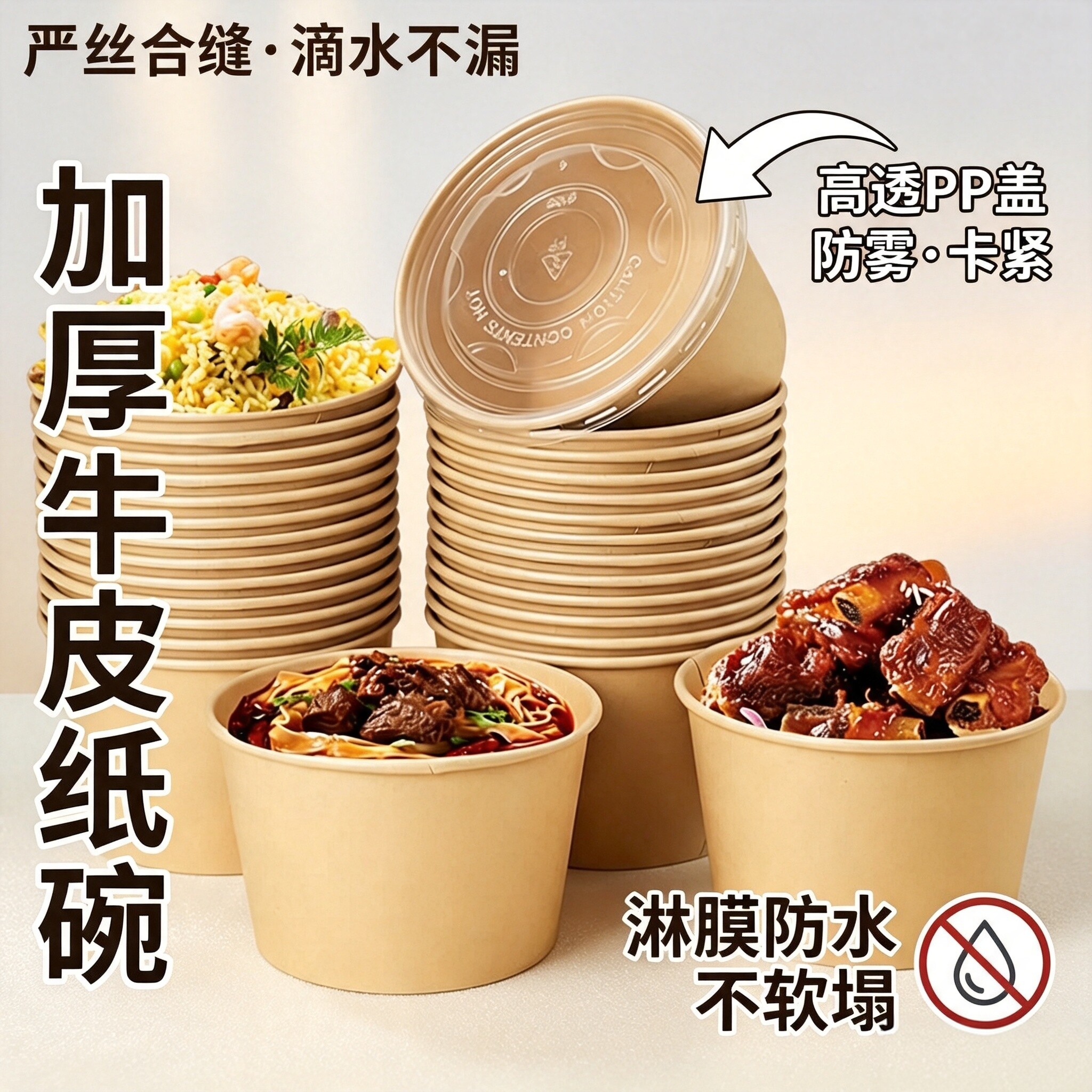 加厚牛皮纸圆形纸碗饭盒带盖图片