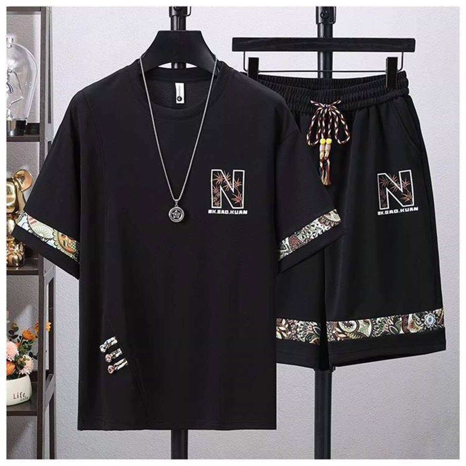 点击率优选男装夏季男士时尚短袖T恤短裤两件套冰丝休闲运动套a9