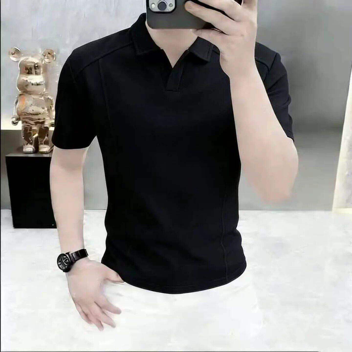 点击率男装玟若男士翻领夏季轻奢商务休闲半袖T恤V领纯色polo衫a5