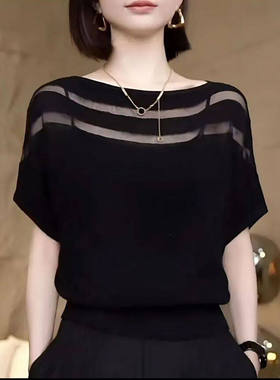 优麦汇女装镂空冰丝短袖蝙蝠衫夏季女士一字领半袖针织衫气质上a1