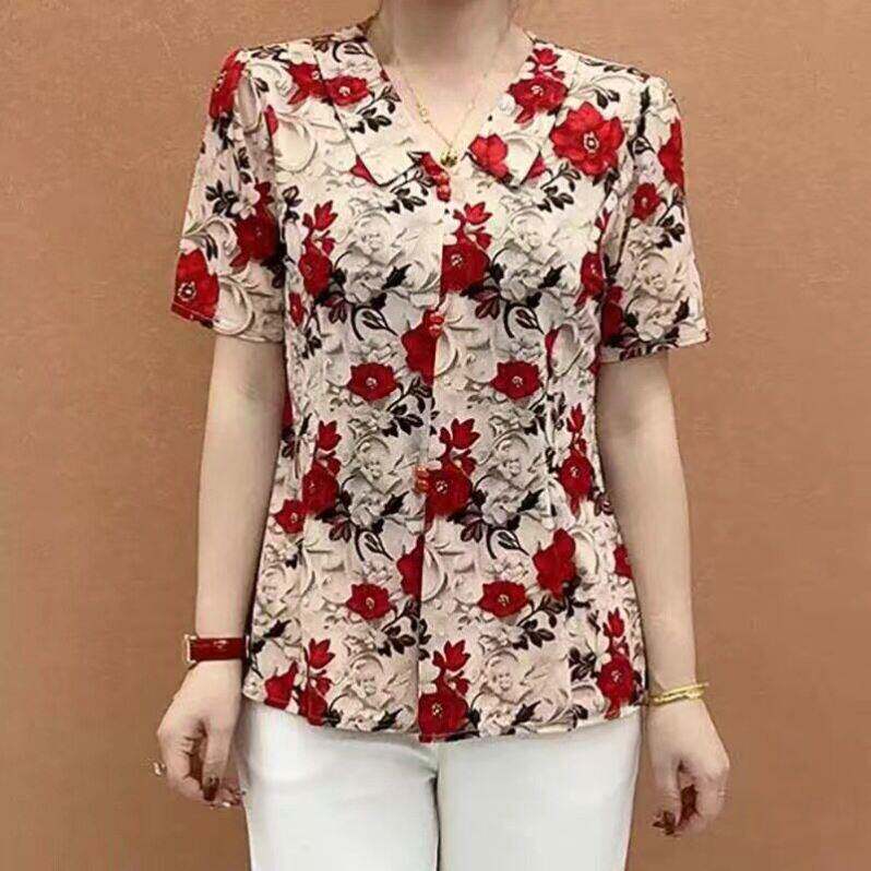 ~名佳怡女装时尚娃娃领碎花短袖夏季女款遮肚显瘦T恤中老年上衣a6