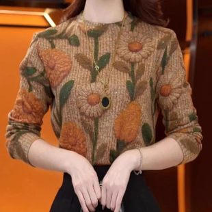 女士遮肚显瘦长袖 圆领印花德绒打底衫 T恤小a23 秋冬季 凯丽百货女装