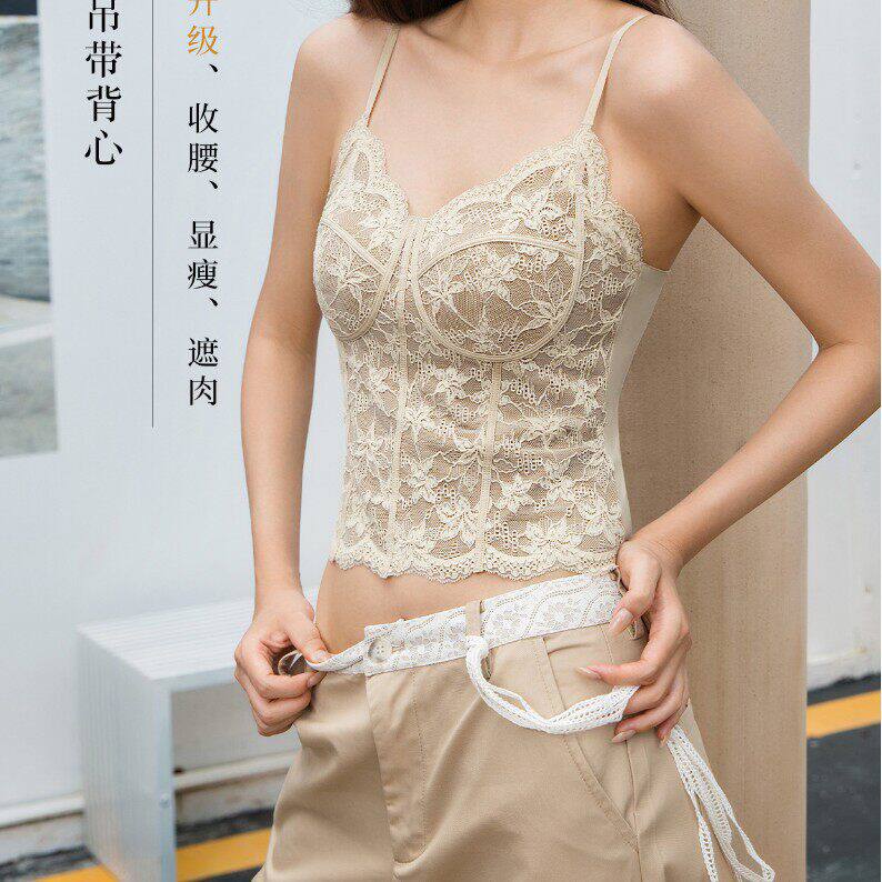 C陈千千冰丝蕾丝花边吊带背心女一体式带胸垫上衣外穿内搭打底a7