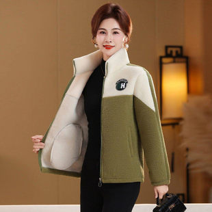 闵潇女装加绒加厚羊羔绒外套中老年妈妈立领铺棉外套冬季宽松保暖