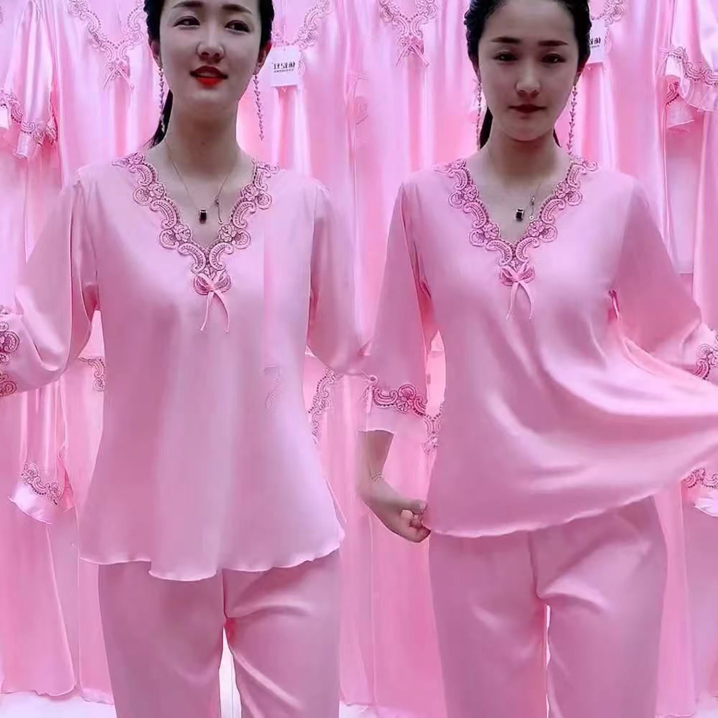 霸邦冰丝睡衣女性感长袖高级感缎面家居服套装夏季女士大码两件a7