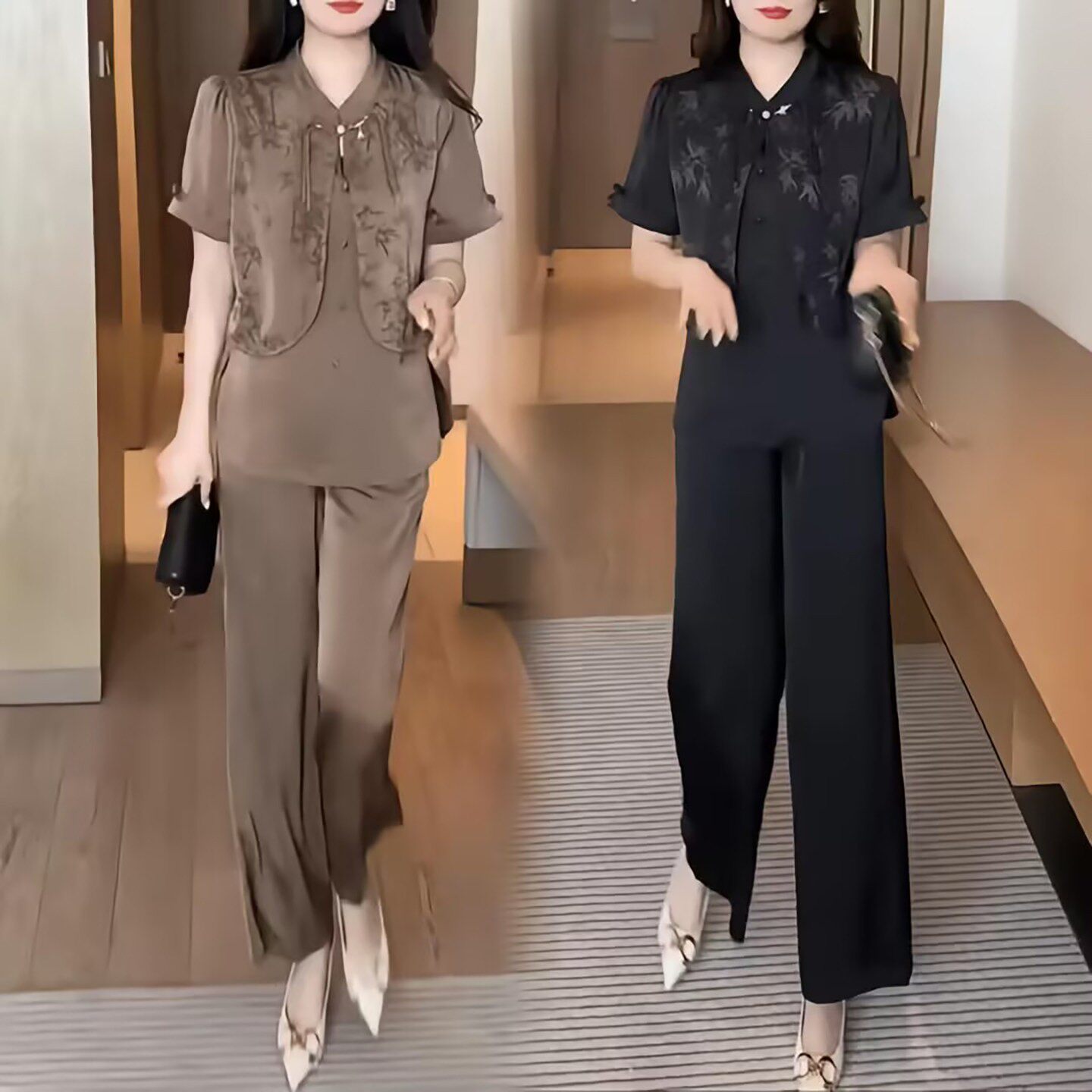 今泽女装新中式桑丝缎手抓花套装春夏女士气质减龄休闲时尚两件a6