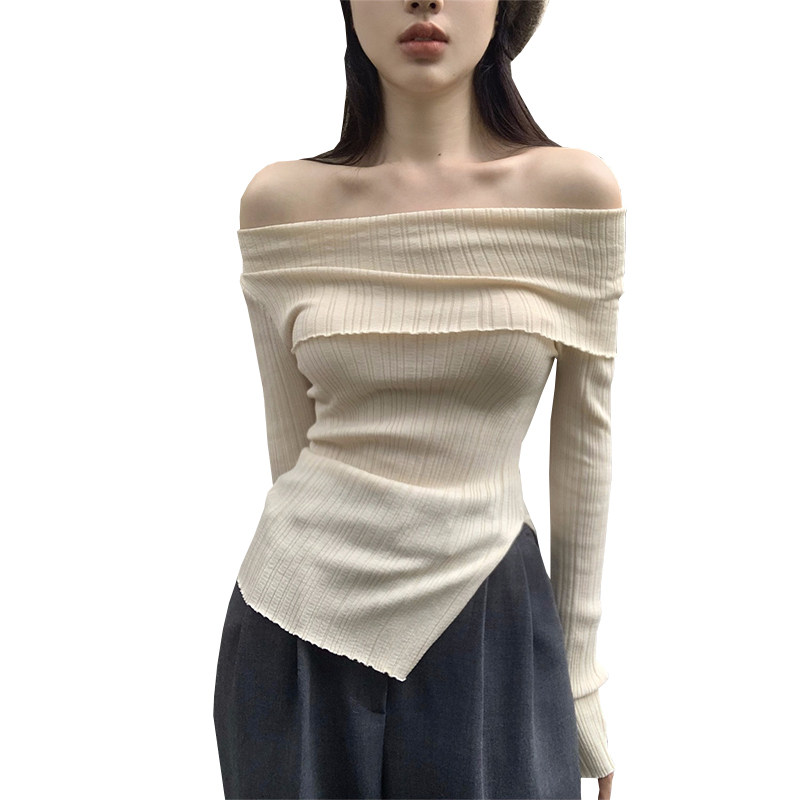 KOREAN VERSION RETRO DESIGN SENSE IRREGULAR THIN KNITWEAR WOMENS AUTUMN SLIM SLIM PULLOVER ONE-SHOULDER TOP TIDE