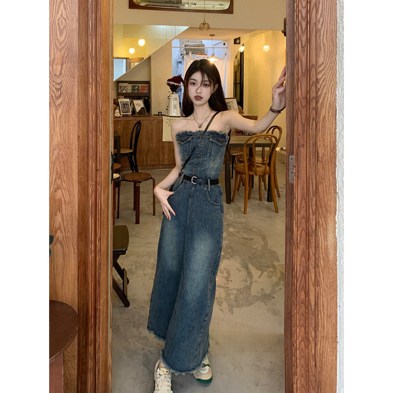RETRO SENSE OF LUXURY SMALL MAN TASSEL RAW EDGE DENIM DRESS WOMENS SUMMER WAIST CINCHED THIN BANDEAU A-LINE LONG SKIRT