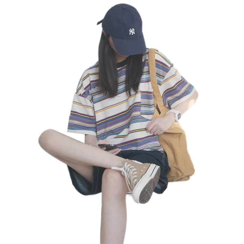 HONG KONG STYLE FASHION CONTRAST STITCHING STRIPE SHORT SLEEVE T-SHIRT WOMENS SUMMER LOOSE AND THIN HEPBURN STYLE MIDI TOP TIDE
