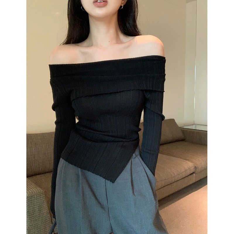 KOREAN VERSION RETRO DESIGN SENSE IRREGULAR THIN KNITWEAR WOMENS AUTUMN SLIM SLIM PULLOVER ONE-SHOULDER TOP TIDE