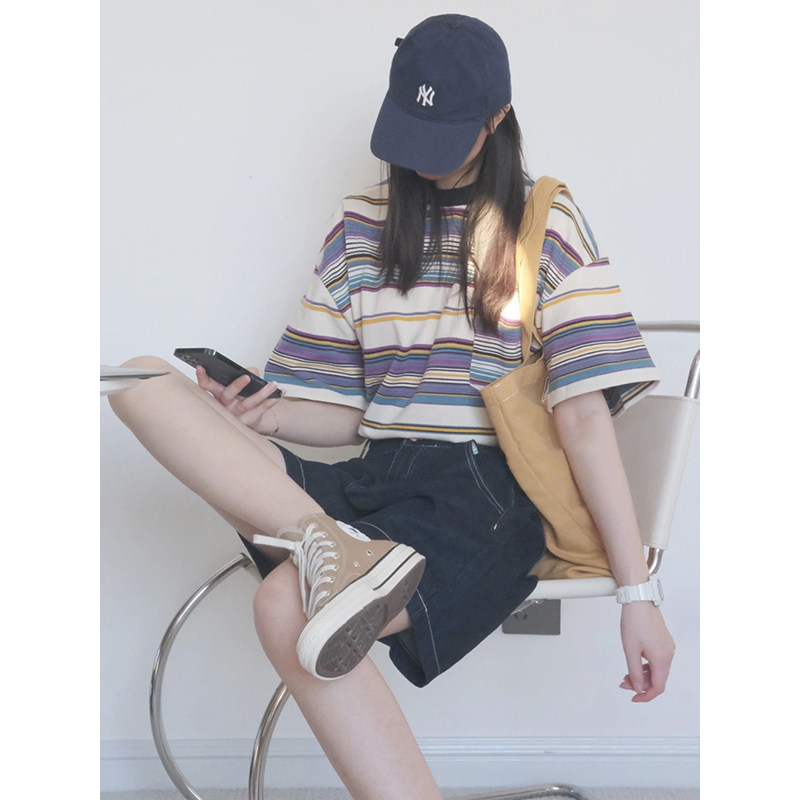 HONG KONG STYLE FASHION CONTRAST STITCHING STRIPE SHORT SLEEVE T-SHIRT WOMENS SUMMER LOOSE AND THIN HEPBURN STYLE MIDI TOP TIDE