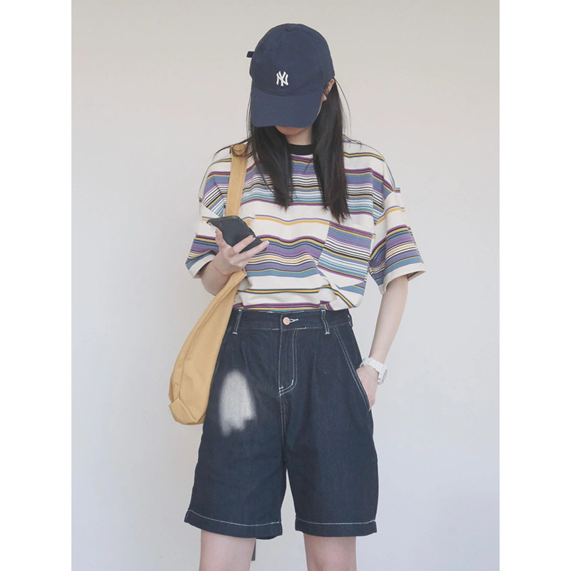 HONG KONG STYLE FASHION CONTRAST STITCHING STRIPE SHORT SLEEVE T-SHIRT WOMENS SUMMER LOOSE AND THIN HEPBURN STYLE MIDI TOP TIDE