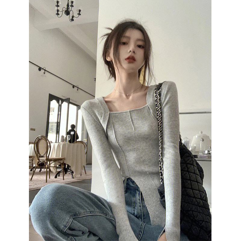 FASHIONABLE DESIGN HEM SLIT LONG-SLEEVED SQUARE-NECKED KNITWEAR WOMENS AUTUMN AND WINTER SLIM AND THIN NICHE AND VERSATILE TOPS TRENDY