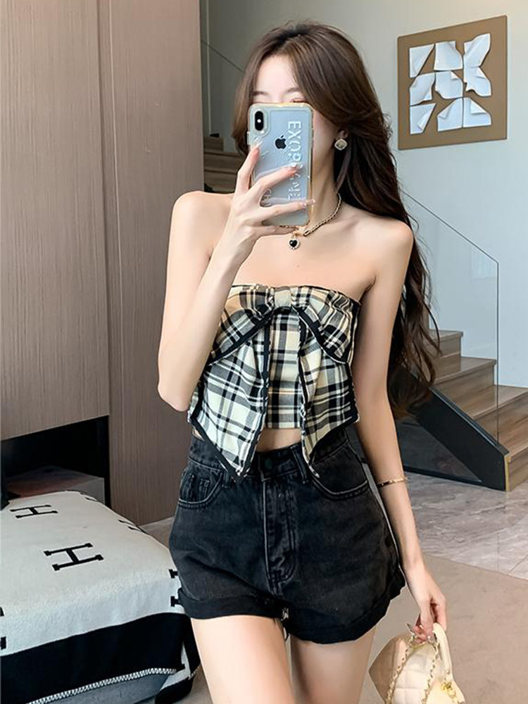 PURE DESIRE SWEET AND SPICY DESIGN SENSE BOW PLAID BANDEAU SUSPENDER WOMENS SUMMER WEAR HIGH-END SENSE FRIED STREET SHORT WRAP