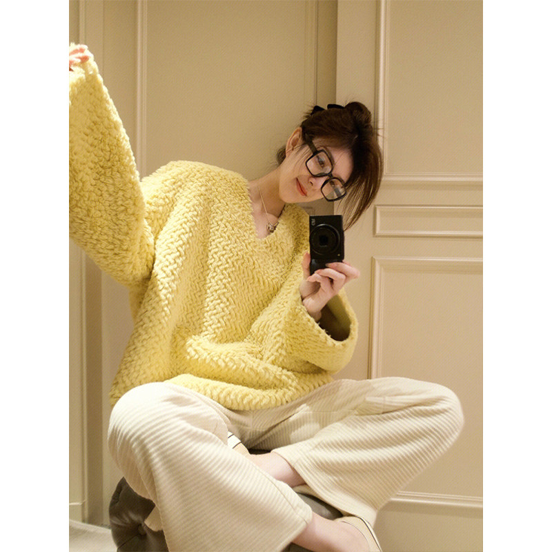 KOREAN VERSION OF LAZY WIND THICKENED FLUFFY LONG-SLEEVED KNITTED SWEATER WOMENS WINTER LOOSE AND THIN VERSATILE PULLOVER TOP TIDE