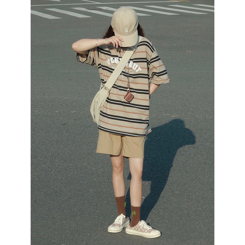 HONG KONG STYLE DESIGN SENSE STITCHED STRIPED SHORT-SLEEVED T-SHIRT WOMENS SUMMER LOOSE OVERSIZE CASUAL CREW NECK VERSATILE TOP TRENDY