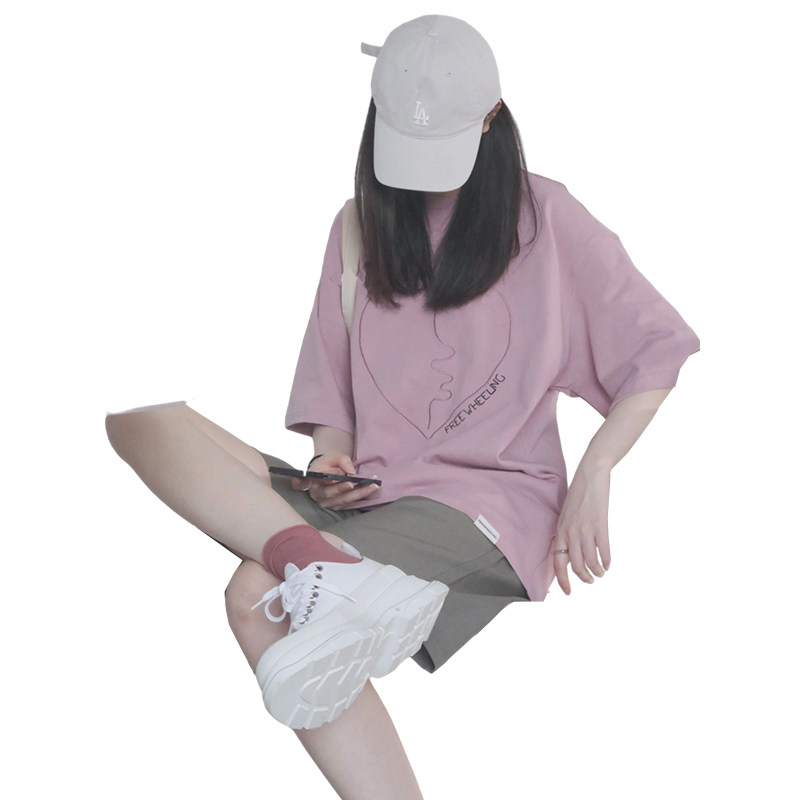 KOREAN VERSION CHIC EMBROIDERY LOVE HEART SHORT SLEEVE T-SHIRT WOMENS SUMMER LOOSE CASUAL ROUND NECK FASHION VERSATILE MIDI TOP TIDE
