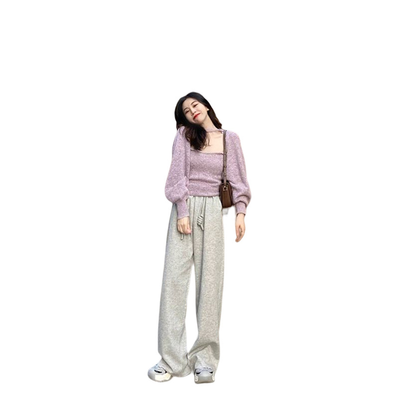 KOREAN VERSION OF FASHIONABLE CASUAL SOFT AND GLUTINOUS SHORT LONG-SLEEVED BLOUSE WOMENS AUTUMN SLIM THIN FOREIGN VERSATILE SUSPENDER TWO-PIECE SET