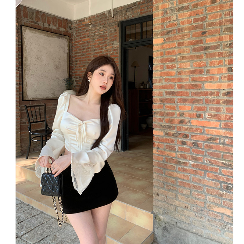 FRENCH DESIGN SATIN HERBONE BELL SLEEVE SQUARE NECK SHIRT WOMENS SUMMER SLIM SHORT HOT GIRL PURE LUST TOP